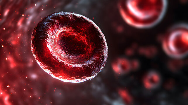 A microscopic view of a red blood cell, showcasing its biconcave disc shape and intricate surface texture