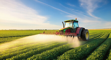 Fototapeta premium A tractor spraying liquid in a round spray pattern on a green field