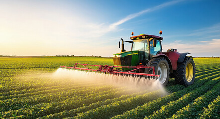 Fototapeta premium A tractor spraying liquid in a round spray pattern on a green field
