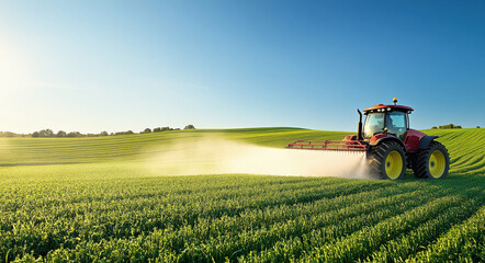 Fototapeta premium A tractor spraying liquid in a round spray pattern on a green field