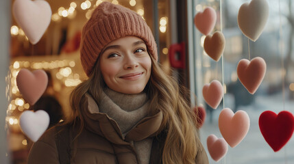 Smiling woman admiring heart decorations in a festive shop window on Valentine's Day

