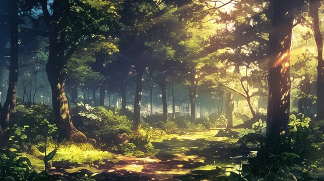 Serene Forest Landscape with Lush Green Leaves and Dappled Sunlight Ideal for Visual Novel or Anime Game Backgrounds