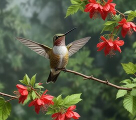 Fototapeta premium Female hummingbird perched on a branch above the salmonberry plant , flowers, branches, tree leaves
