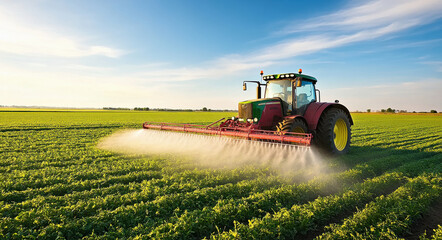 Fototapeta premium A tractor spraying liquid in a round spray pattern on a green field