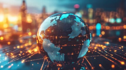 Fototapeta premium A futuristic representation of global connections, a globe surrounded by spinning holographic data points, sci-fi, high resolution, vibrant tones. 
