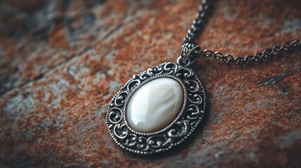 A vintage-inspired cameo pendant resting on a muted brown background.