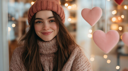 Happy young woman smiling near heart-shaped decorations for Valentine’s Day celebration