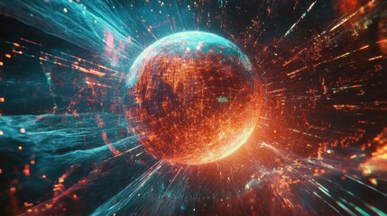 A futuristic representation of global connections, a globe surrounded by spinning holographic data points, sci-fi, high resolution, vibrant tones. 