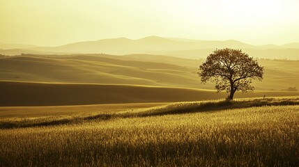 Fototapeta premium Golden Sunrise Over Rolling Hills with a Lone Tree in Focus, Evoking Tranquility and Harmony with Nature