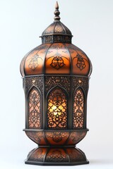 A Beautiful, Ornate Lantern, Possibly Moroccan Or Middle Eastern In Style, Glows Warmly Against A Plain White Background. Its Intricate Metalwork And Amber Glass Create A Luxurious And Exotic Feel.