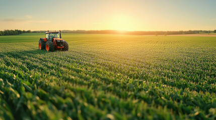 Fototapeta premium a tractor in a green corn field