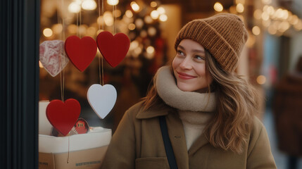 Smiling woman admiring Valentine's Day heart decorations in a cozy shop window display