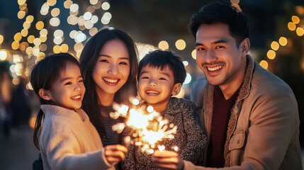 Fototapeta premium a joyful indonesian asian face family of four celebrating outdoors in the evening with sparklers.