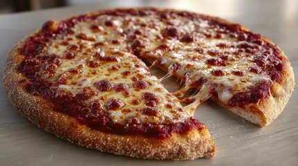 Delicious cheese pizza with a slice removed, showcasing melted cheese and crispy crust