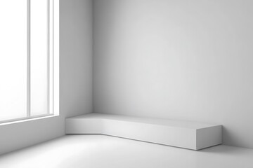 A three-dimensional depiction of a white product background, characterized by an abstract minimalistic style that emphasizes an unoccupied corner area of a room.