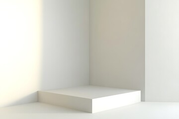 Obraz premium A 3D image of a white product backdrop with an abstract minimal design, drawing attention to an unused corner space in a room.