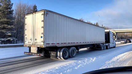 A cargo truck with a trailer moves along a snowy highway beneath a bright blue sky, captured from behind another vehicle