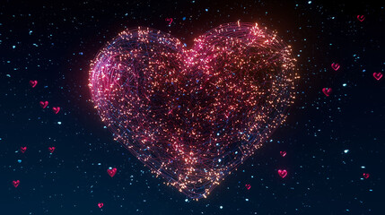 Glowing digital heart made of sparkling particles floating in space, symbolizing love on Valentine's Day
