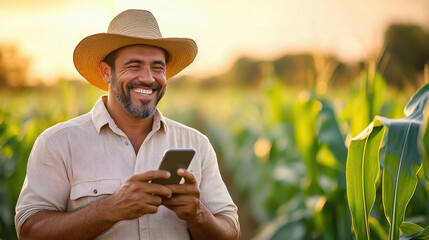 brazilian happy male farmer looking at his phone.