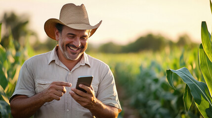 happy Young Modern handsome model agronomist holding a cell phone in the middle of a corn field.