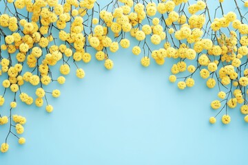 Spring Greeting: Mimosa Flowers on Pastel Blue Background, Flat Lay Top View with Copy Space for Women's Day Card.