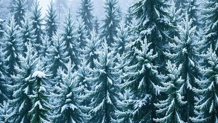 Frozen forest landscape with snowflakes gently falling on evergreen trees, cold climate, serene landscape