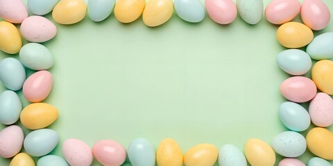 Flat lay composition of pastel Easter eggs forming a frame on a green background. Holiday mockup with copy space