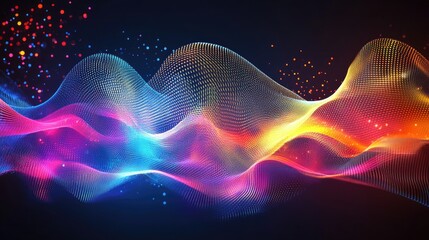 Sound waves visualized with colorful lines, neon black background.