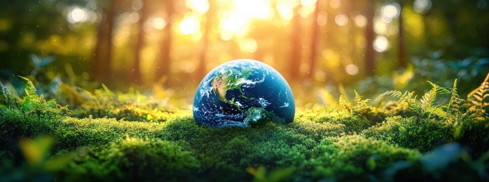 Earth Globet With Moss and Ferns in Sunny Forest Illuminated by Soft Light