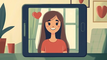 Virtual Romance: Communicating with Girlfriend via Online Video Call - Vector Illustration