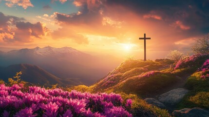 Fototapeta premium A wooden cross on top of a mountain, surrounded by flowers, under a bright sunny day. The light and nature create an atmosphere of peace, calm, and spiritual harmony