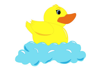 Cute yellow duck in bubbly water on white background. Rubber duck to water. Cartoon. Vector. Illustration. Doodle design, tile, background, repeat, wallpaper, scarf, isolated, cartoon, blue