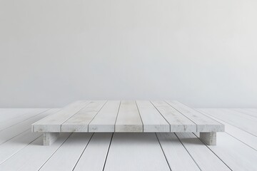 A three-dimensional depiction of an unoccupied space with a white floor and perspective planks, serving as a blank canvas for displaying products.