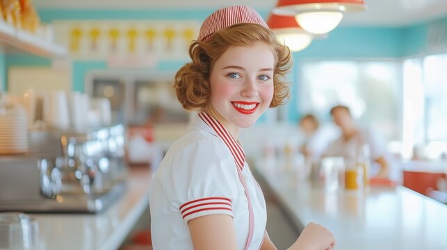 Young smiling waitress wearing a uniform working in a vintage american diner restaurant, with customers sitting in the background