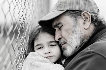Grandfather and granddaughter sharing a tender moment near a chain link fence, conveying themes of family, love, and perhaps separation or hardship