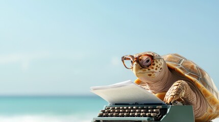Funny Turtle Wearing Glasses Writing a Novel on an Old Typewriter at the Beach