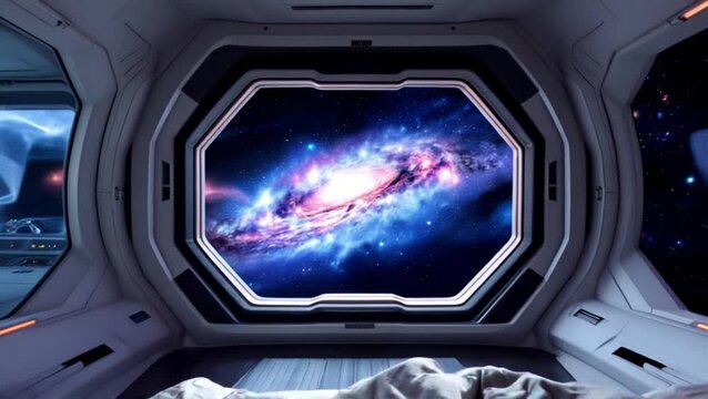 iew from a bedroom berth in a futuristic sci fi spaceship interior view of a cozy bed with a view of a galaxy out of the window futuristic concept art generative ai