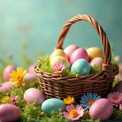 A rustic woven basket brimming with decorated eggs sits amidst a sea of blooming wildflowers , woven, field, eggs
