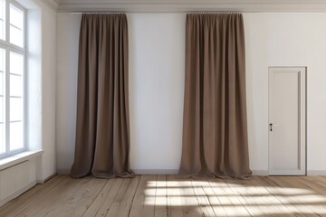 3D design of a white room, highlighted by a brown curtain, a white door, and wooden floors, creates a tidy and versatile environment for stock photography.