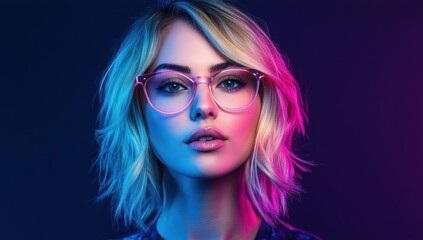 Naklejka premium Neon Lit Blonde Woman with Pink Glasses