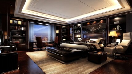 Luxurious penthouse suite bedroom, city view, night, interior design