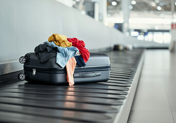 Suitcase with clothes spilling out lies unattended on an airport baggage carousel, suggesting travel mishaps or lost luggage