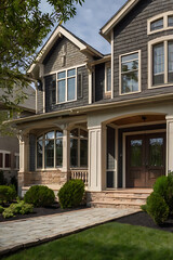 Luxury House Exterior: Modern Classic Design, Stone and Wood Facade, Elegant Landscaping