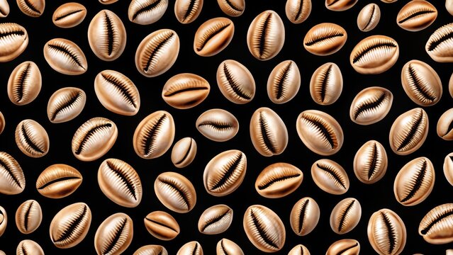 Seamless pattern with cowrie shells on black background , abstract, tropical,  abstract, tropical, decoration, texture, elegance
