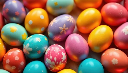 A pile of bright, assorted Easter eggs; some cracked, others whole , spring, spring colors