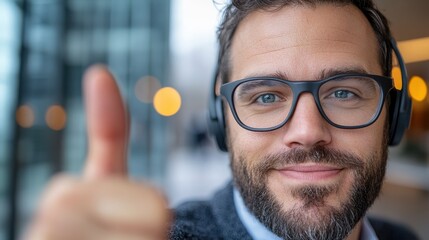 Young businessman showing thumbs up for customer satisfaction in office