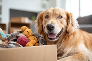 A golden retriever rests beside vibrant plush toys in a cardboard box, highlighting the playful spirit and affectionate nature of dogs within a bright, cozy home setting.