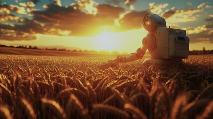 Futuristic robotic arms harvest wheat in a golden field under a blue sky