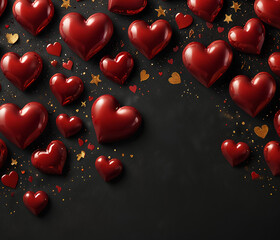 A luxurious Valentine’s backdrop featuring deep red hearts with a glossy 3D appearance, scattered on a dark, velvet-like background, with golden glitter accents