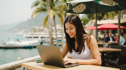 Young woman using laptop near seaside cafe, focusing on creative tasks, combining travel and work, showcasing flexible schedules, technology, peaceful outdoor environment